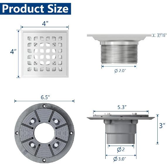 Neodrain Square Shower Drain,4 inch Stainless Steel 304 Grate and PVC Drain Body, Grate with Brushed Nickel Finish, Kit Includes Hair