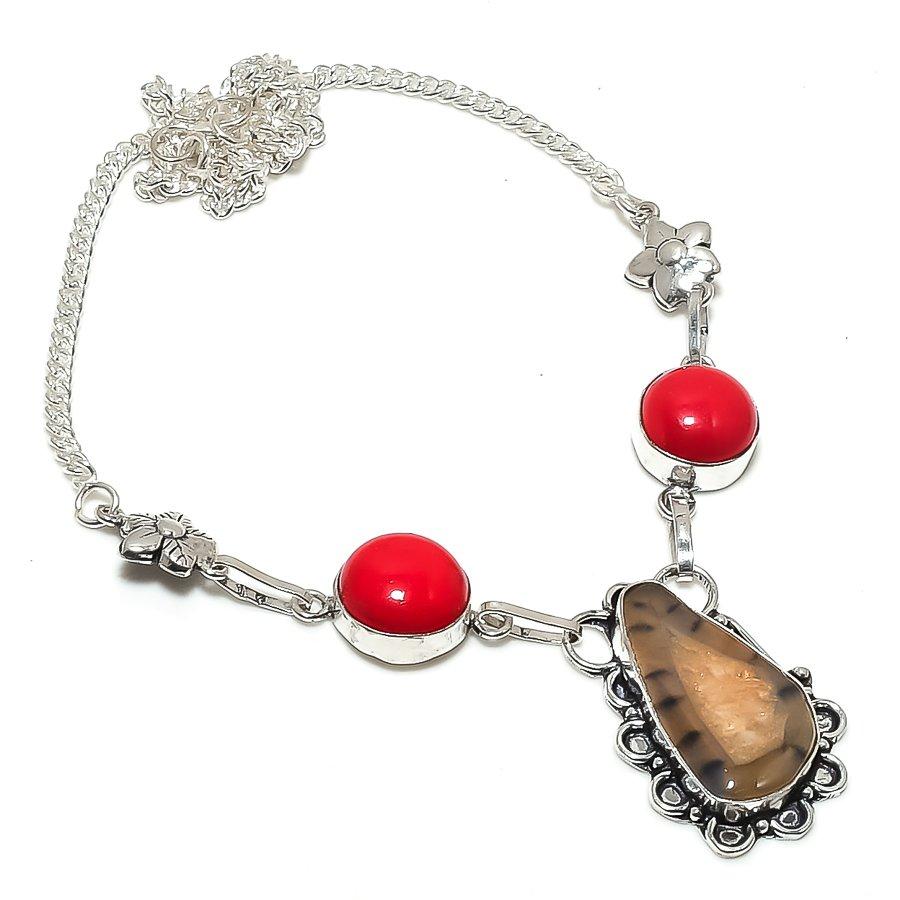 

Natural Agate Geode Slice, Coral 925 Sterling Silver Jewelry Necklace 18 L2W12