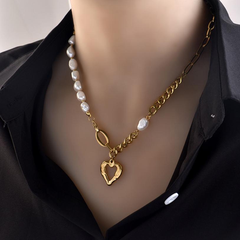 A new style stainless steel fashion jewelry irregular heart pearl pendant thick chain necklace pendant for women