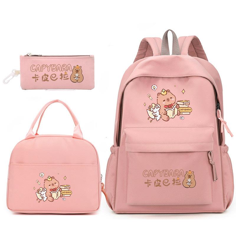 Three-Piece Schoolbag, Female Primary School Backpack, Cute Little Fresh Capybara Girl Junior High School Backpack