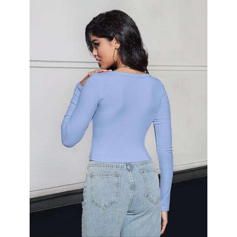 Women's Fashion Casual Spring Fall Solid Color Print Long Sleeve Square Collar Blouses & Shirts