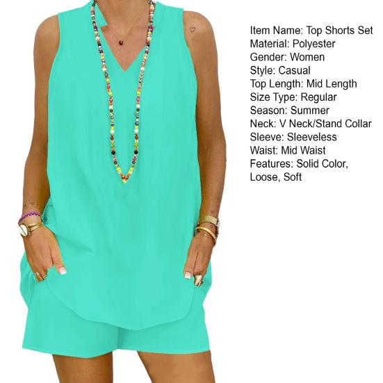 2 Stück/Set Damen T-Shirt Shorts Set Locker V-Ausschnitt Ärmellos Stehkragen
