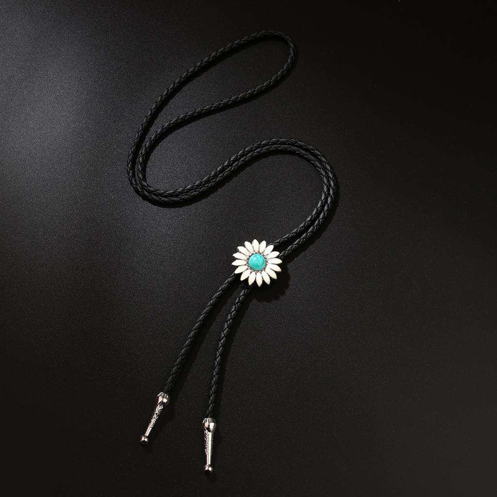 3Pcs Rodeos Bolo Tie with Sunflower Stone Pendant Braided Leather Cord Adjustable Chain Necktie Western Jewelry Necklace