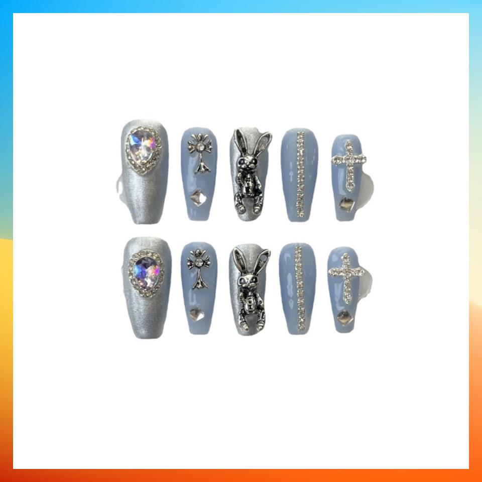3D Handmade Press On Nails Rabbit with Diamond Cross