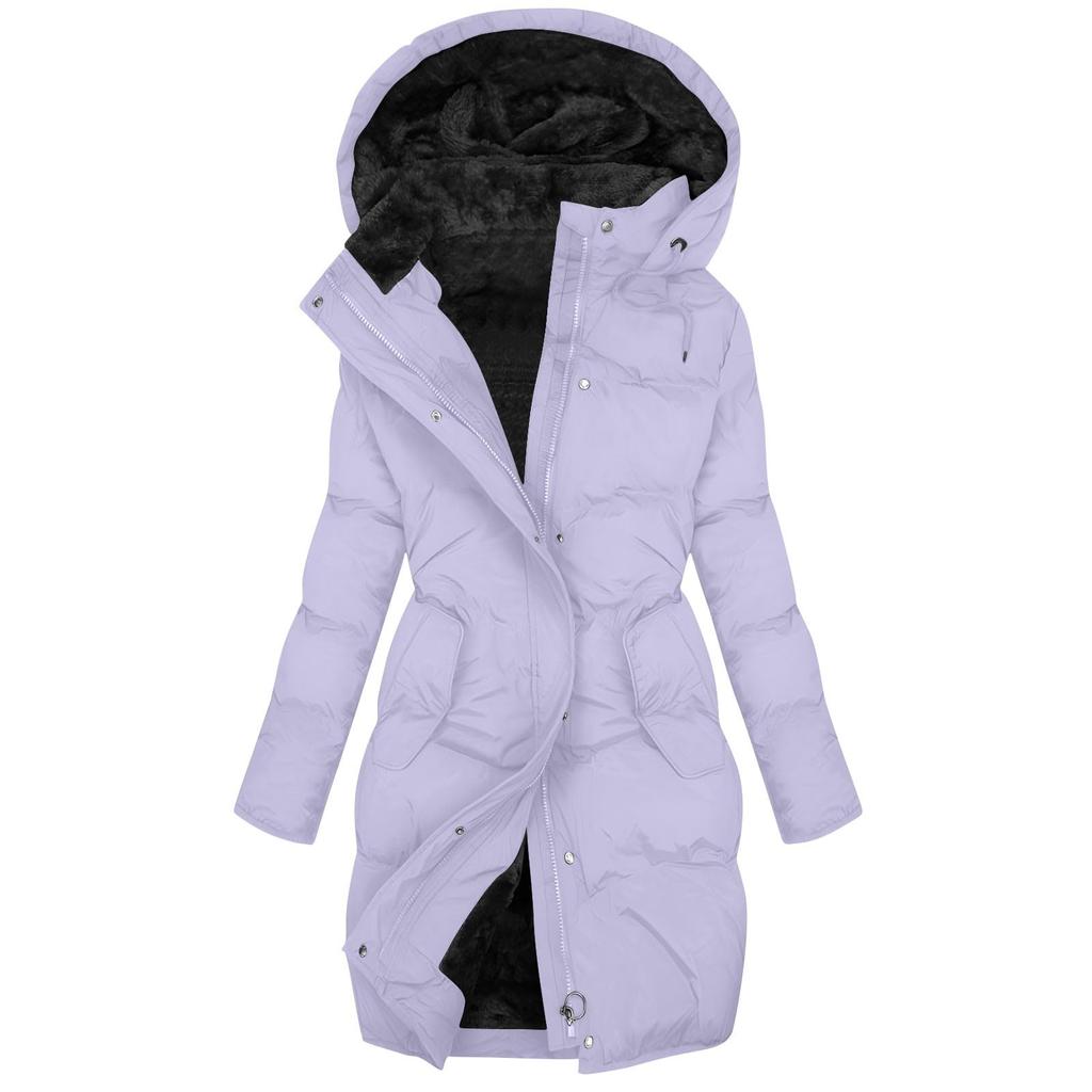 Women's Fashion Solid Color Long Sleeved Hooded Long Zipper Cotton Jacket Warm Coat Down Jacket