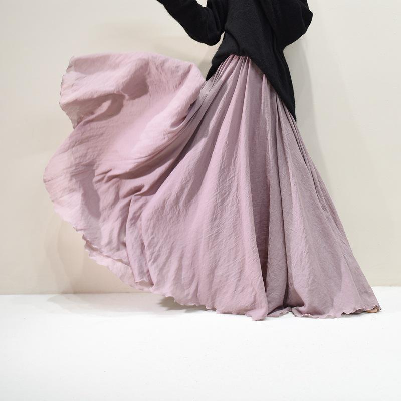 Mori Girl Cotton Linen A-Line Skirt: Elastic Waist, Long Solid Color, National Style Swing