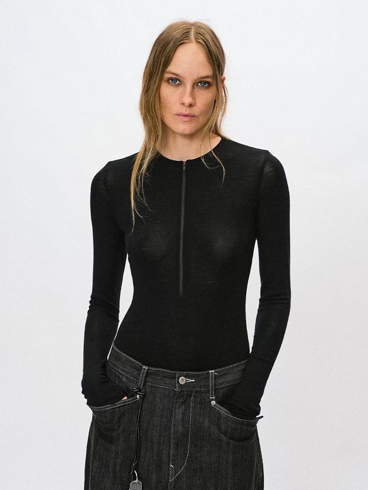 Si Yuan Women s Wool V-Neck Half-Zip Long-Sleeve Slim-Fit Spring Top 1187 Medium чёрный