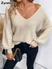 Fall Winter V-Neck Solid Color Women's Top, Imported New Long Sleeve Casual Loose Bow Tie Knit Sweater for Women