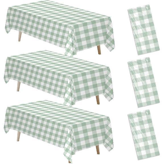 Sage Green Gingham Party Tablecloth Decorations, 3 Pack Green Checkered Disposable Plaid Party Supplies Tablecover, for Birthday Baby Shower Bridal