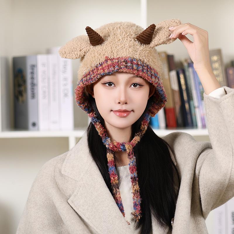 Cute Korean Double-Layer Thick Version Lamb Ears Knitted Ear Protection Loose Big Head Circumference Warm Cold Proof Plush Hat