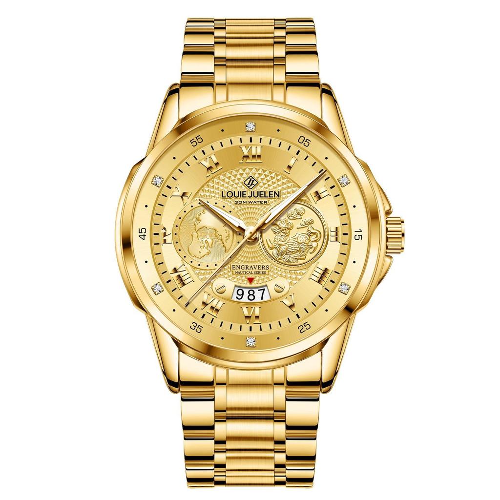 Luxury Gold Engraved Watch for Men Stainless Steel Waterproof Business Quartz Wristwatch with Date, Ideal Gift for Father's Day & Anniversaries