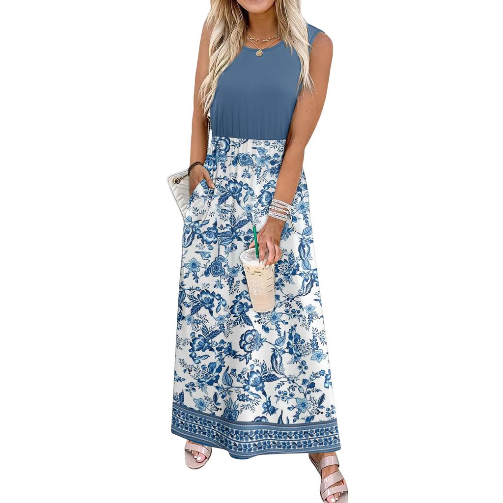 Ladies' Floral Print Casual And Fashionable Waist Cinched Sleeveless Dress