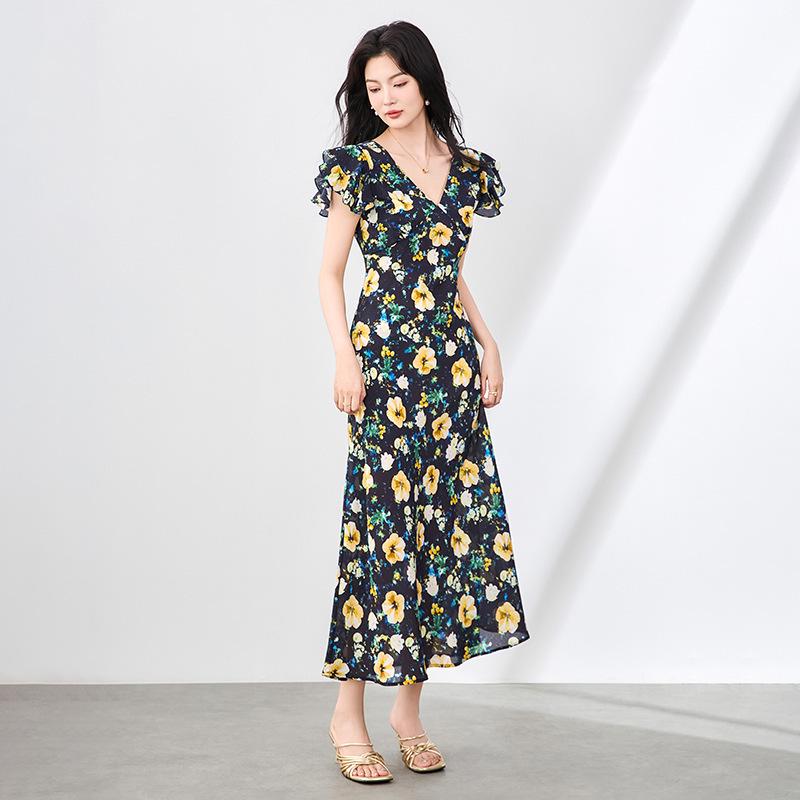

Romantic Midsummer French Print Mulberry Silk Long Dress with Ruffle Sleeves and V-Neck for Women M