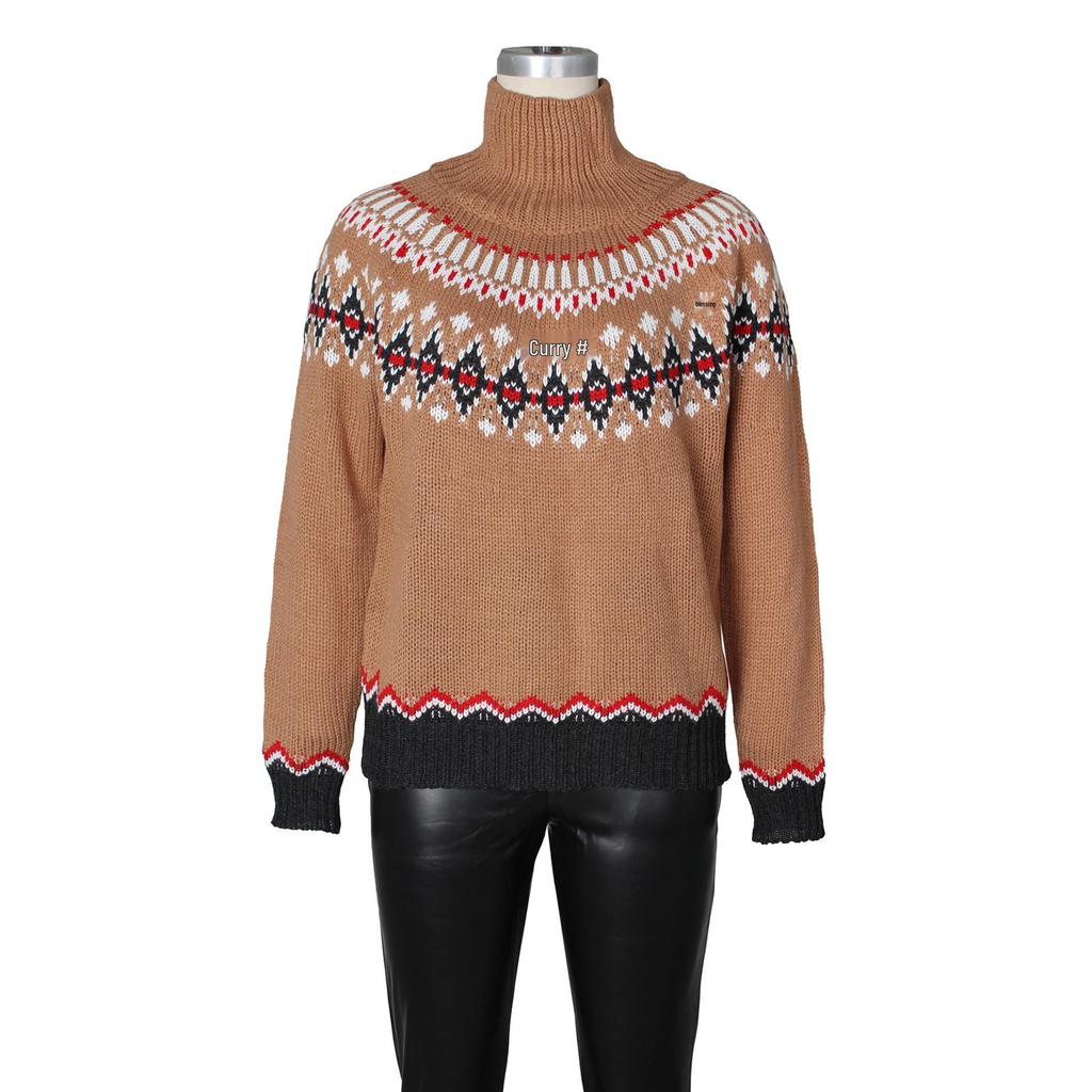 Women's Blue Retro Fair Isle High Neck Wool Sweater