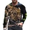 Round Neck 3D Tiger Lion Printed Top Casual Long Sleeved Men's T-shirts - Soft Medium Stretch Polyester Fabric Spring and Autumn Relaxed Fit Clothing
