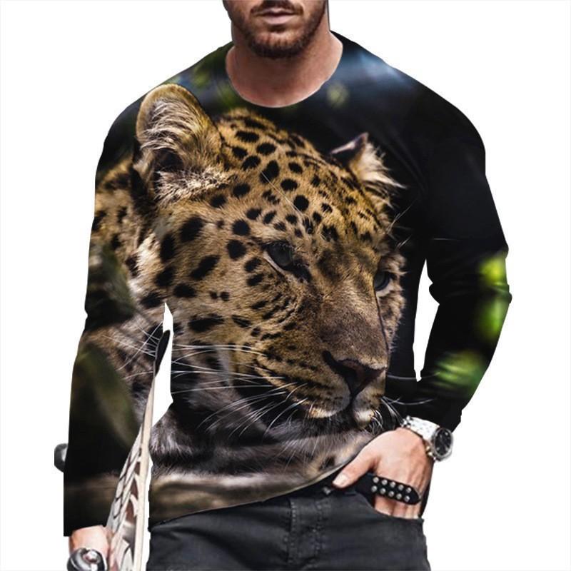 Round Neck 3D Tiger Lion Printed Top Casual Long Sleeved Men's T-shirts - Soft Medium Stretch Polyester Fabric Spring and Autumn Relaxed Fit Clothing