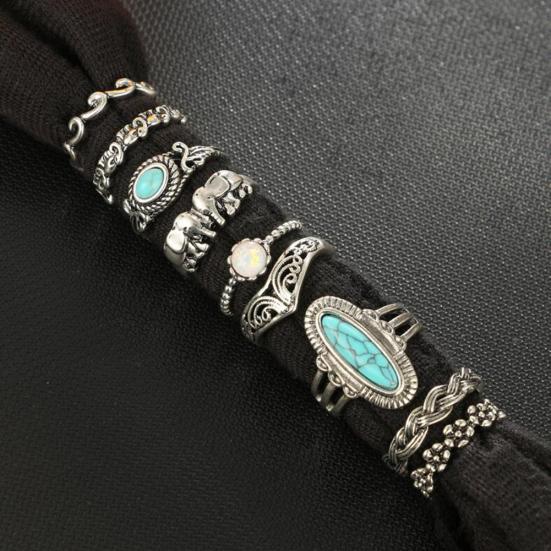 9Pcs/Set Boho Stack Elephant Flower Faux Turquoise Midi Finger Knuckle Rings