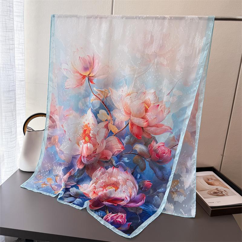 Symphony magnolia print cut flower spring and summer silk scarf large long scarf high-end travel shawl sun protection women's scarf headscarf