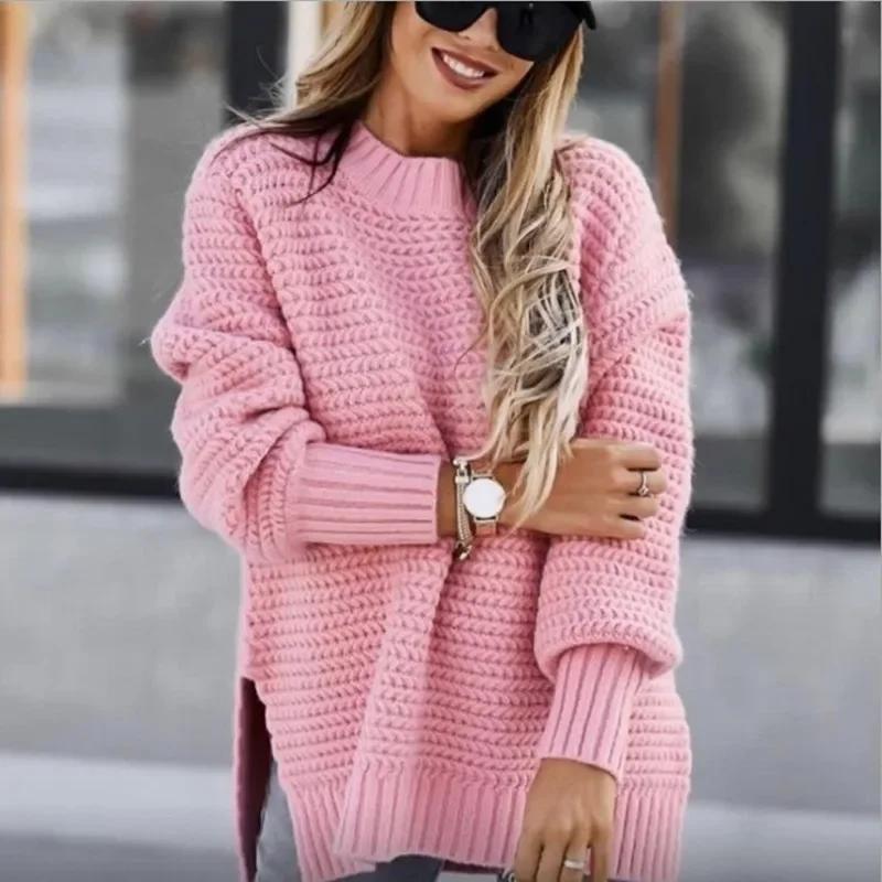 Knit Sweaters Women Half High Collar Full Sleeve Thick Splice Jumpers Solid Casual Split Pullovers Office Lady Elegant