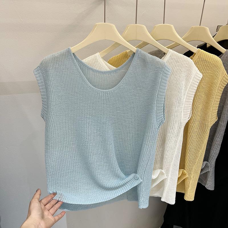

Новый вязаный жилет в корейском стиле, футболка с круглым вырезом, короткий дофаминовый наряд, топ без рукавов, излучает высококлассную атмосферу для женщин one size светло-синий