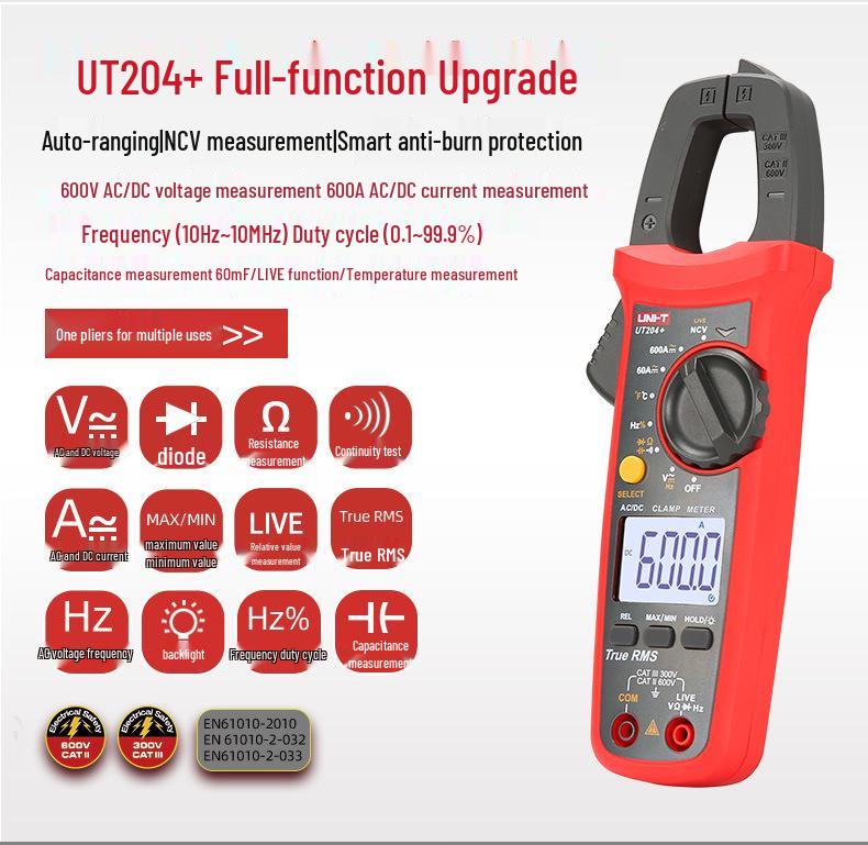 Uni-T UT204 High-Precision Digital Clamp Meter for Electricians - AC/DC Multimeter with Digital Display