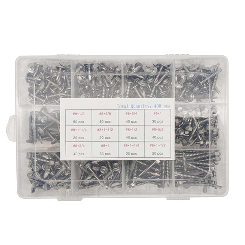 400pcs 410 Stainless-Steel Hexagonal With Round Head Cross Drilling Screws With Washer Furniture, DIY And Other Scenarios