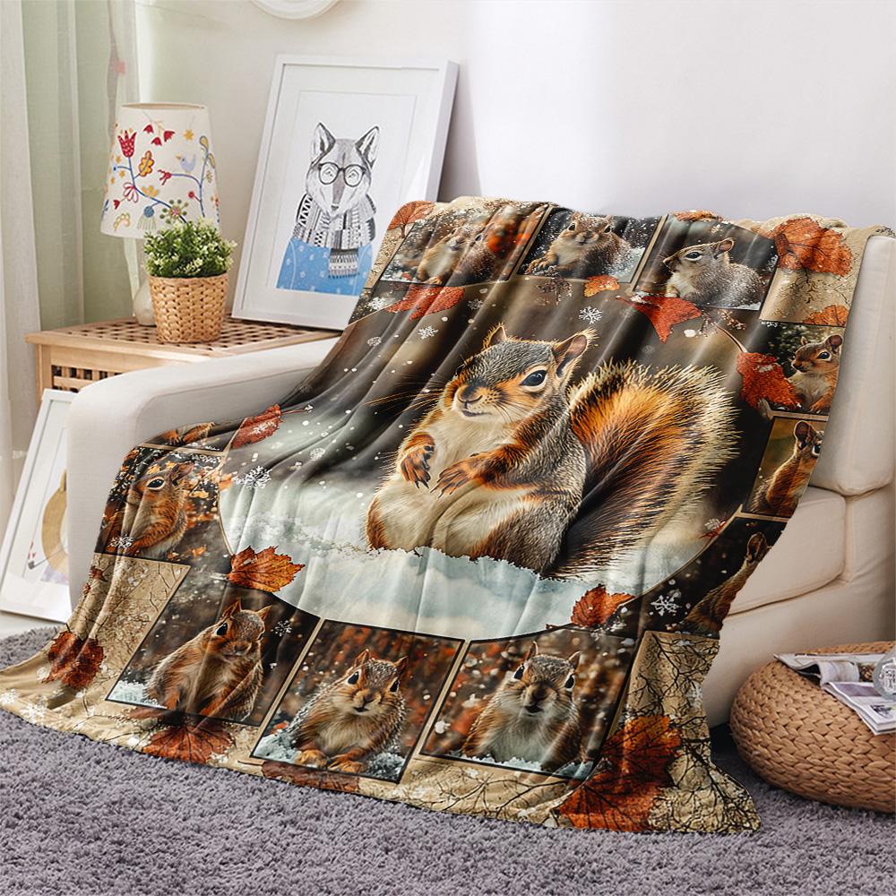 Squirrel Print Flannel Blanket, High quality Comfortable for All Seasons, Home Decor, Warmth and Comfort, Perfect for Christmas Gifts