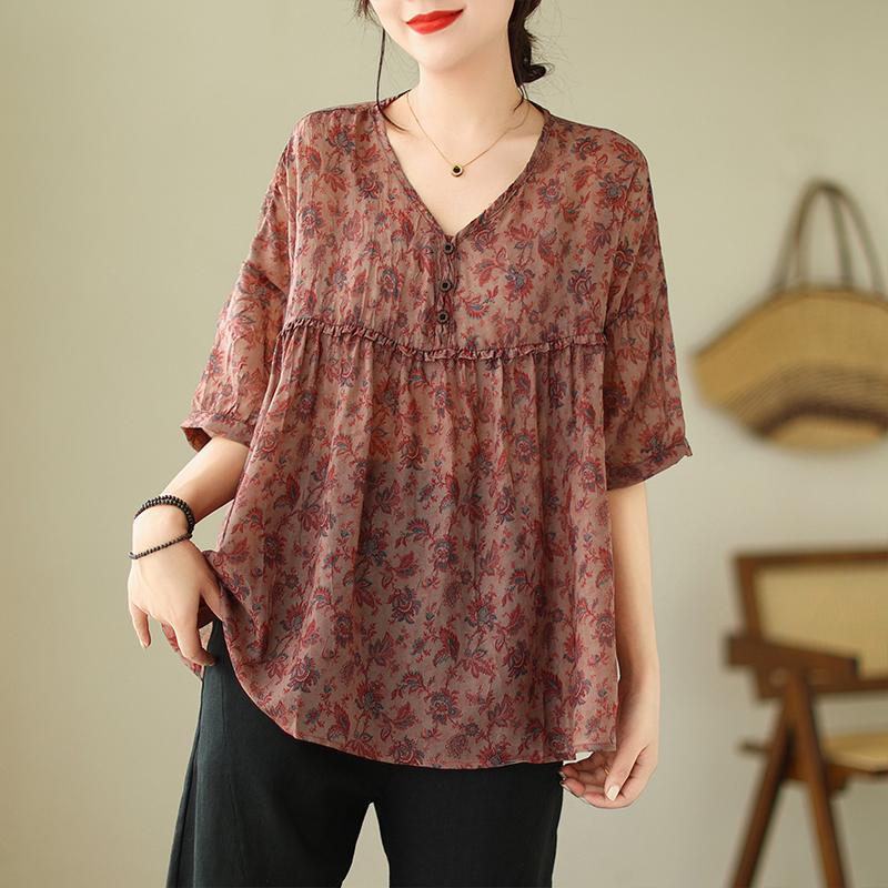 

DIMANAF 2023 Женская летняя дизайнерская рубашка больших размеров со свободным принтом с полурукавами с V-образным вырезом Fashoin Design Тонкое шоу винтажный принт женские топы