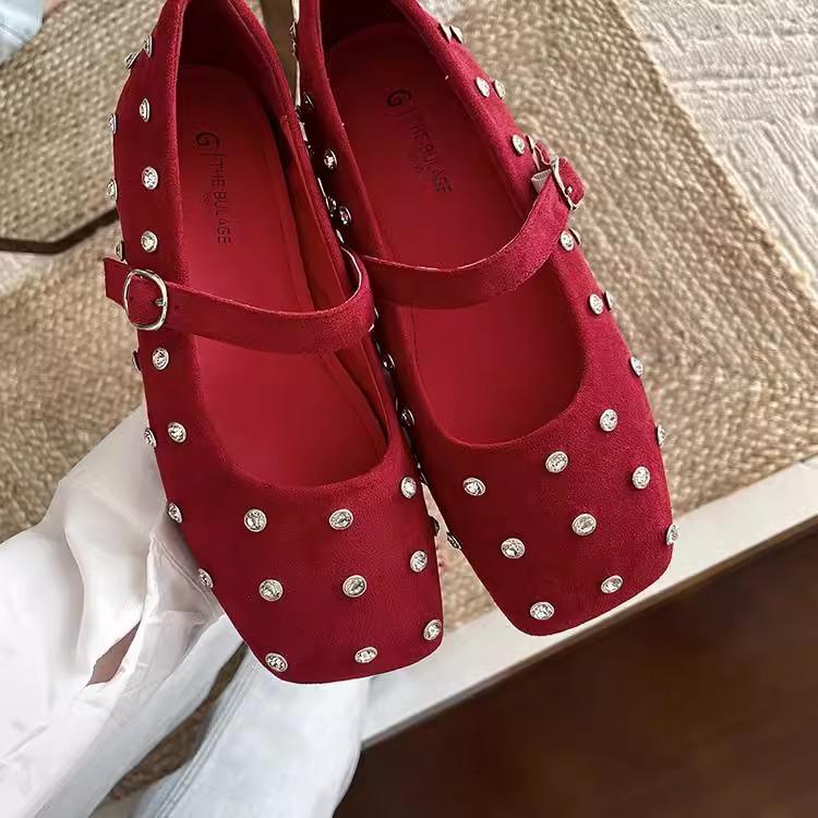 Rhinestone Flat with Skirt Mary Jane Single Shoe Woman 2025 Spring French Evening Commuter Grandma Shoe Trend