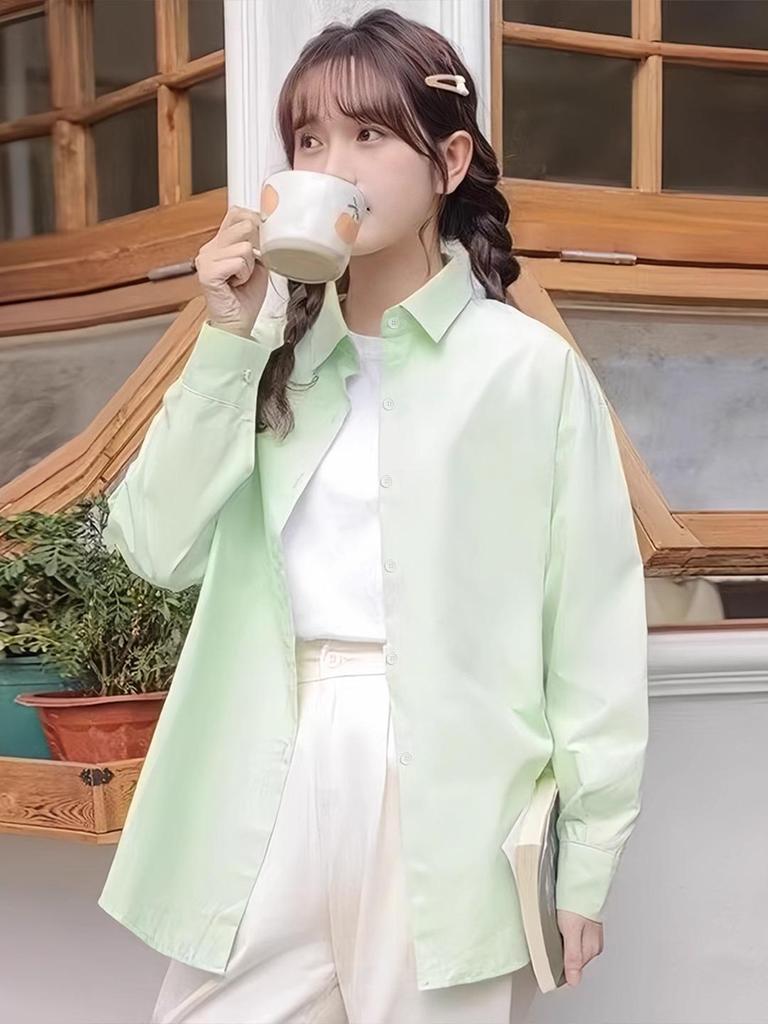 Korean Style Blue Shirt Jacket - Women's Spring/Autumn Cardigan with Long Sleeves