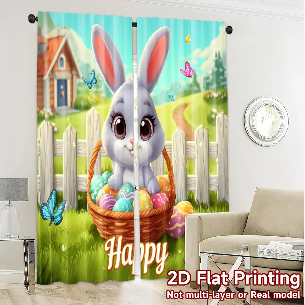 2pcs   2D FLAT PRINTING Curtains (Without Rod) EasterBunnyGarden Light Filtering Modern Curtains Polyester Easy Install Curtains