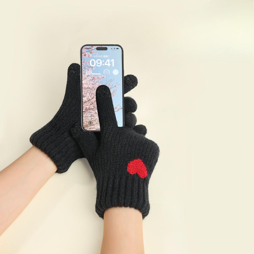 Zimní dámské žakárové pletené rukavice Srdíčko Roztomilé Dotykové Teplé Dvouvrstvé Vánoční styl