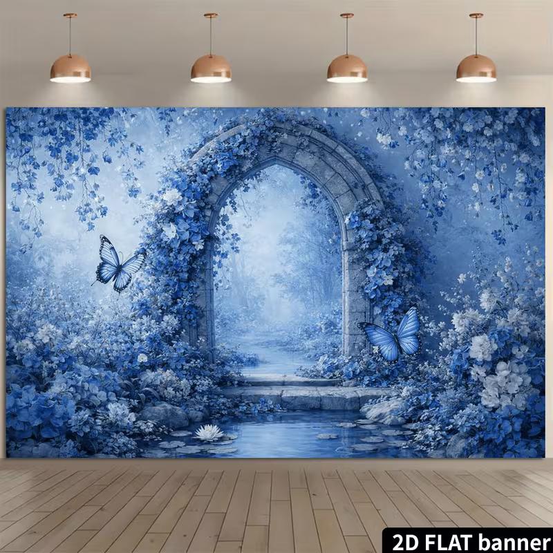 2D Printed Backdrop with Blue Flowers, Butterflies, Stone Arch and Pond
