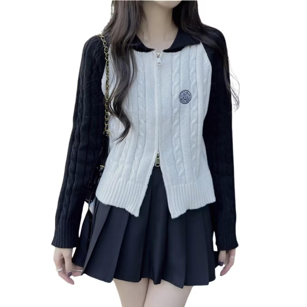 ALVEIN Raglan Sleeve Cable Knit Short Slim Korean Sweater Women's Zip-Through Double-Zip Cardigan, Length, Fit, Style, Midriff-Baring (White)
