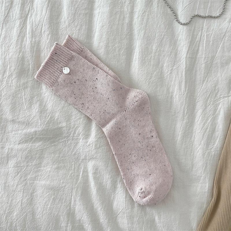 Colorful Polka Dot Yarn Shell Decorated Socks for Women, Spring and Autumn, Candy-colored Mid-calf Socks, Solid Color Sweet Pile Socks