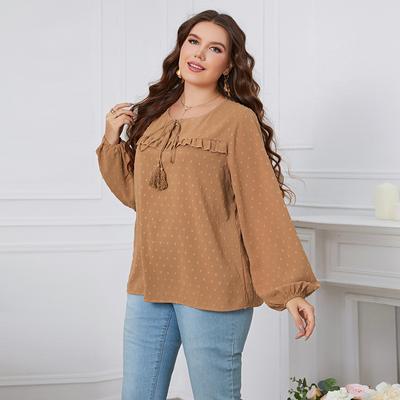 Women’s Crew Neck Solid Shirt Ruffled Dot Print Long Sleeve Drawstring Loose Casual Shirt Thin Breathable Comfortable Fashion Commute Plus Shirt