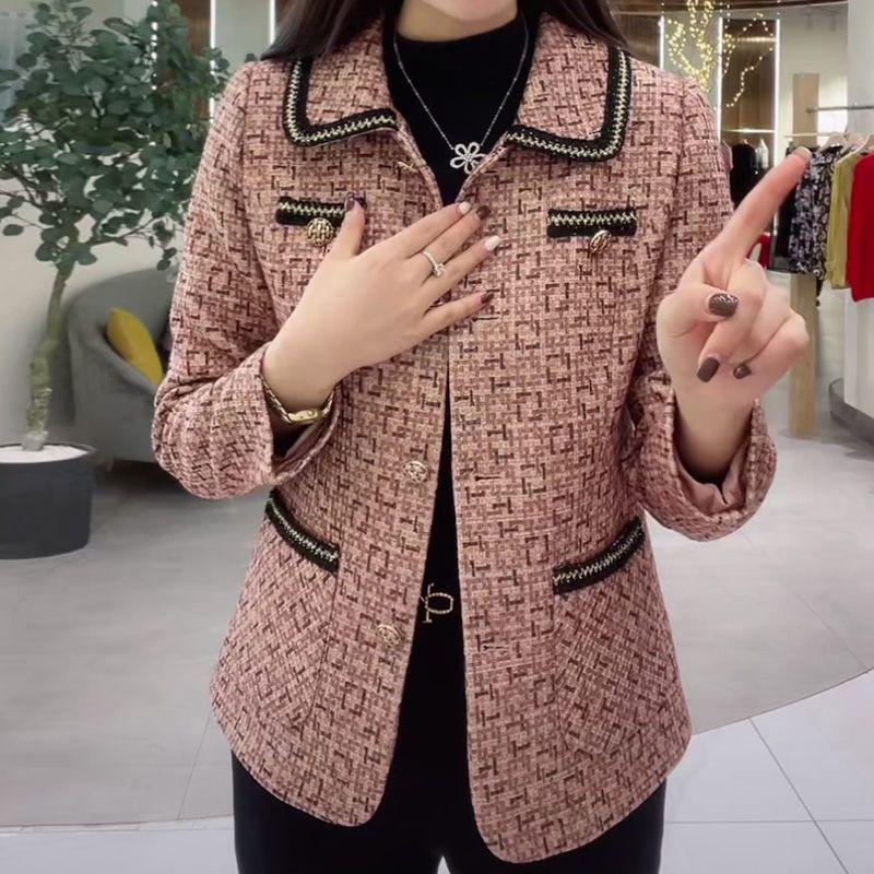 Nový podzimní kabát ve stylu malé vůně Móda Volná Krátká kostkovaná bunda Vlněný kabát pro matky středního věku Velká velikost 5XL