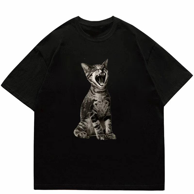 Top Style Noble Cat Love Music T-shirt Cute Cat Print Short Sleeve T-shirt Men's Harajuku Fashion Couple Loose Street Style Y2K