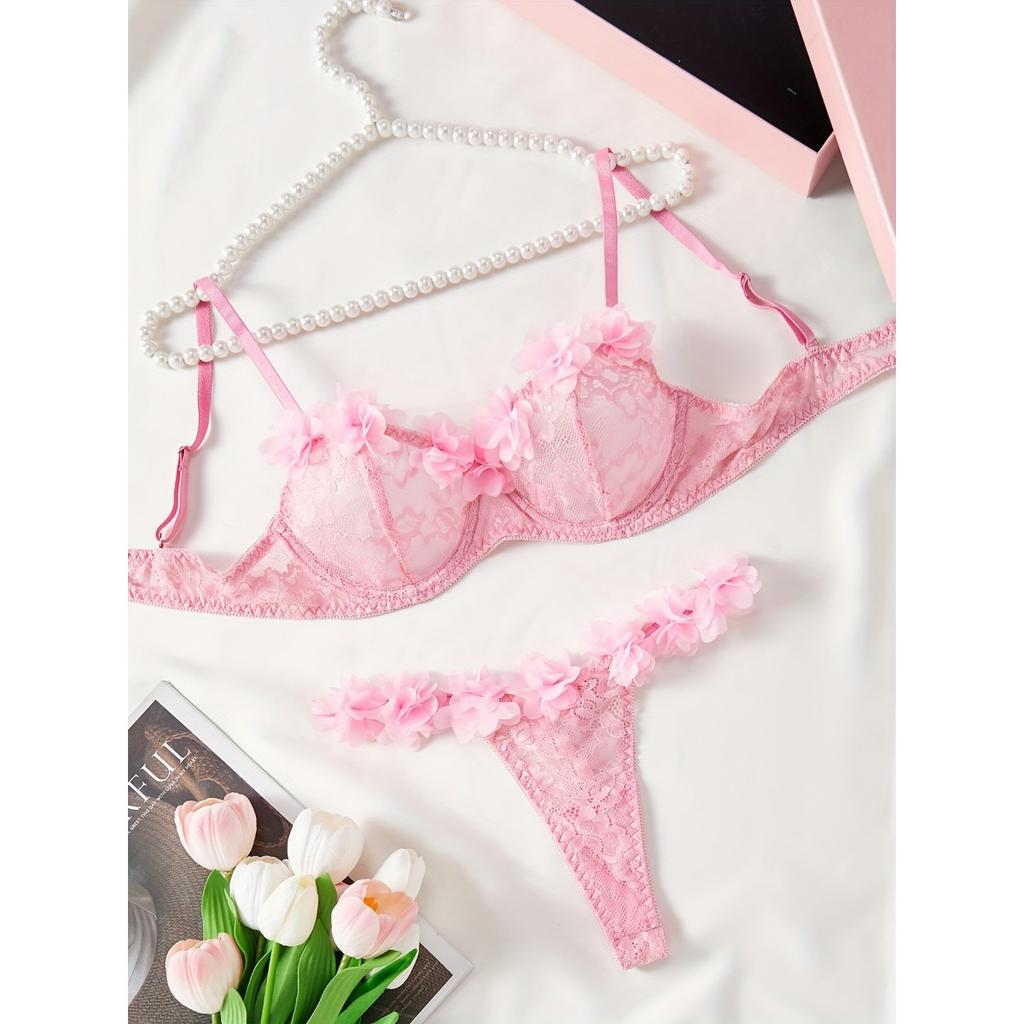 Women's Lingerie Pure Desire Suit Lace Pink Lace Three-point Sexy Temptation Thong