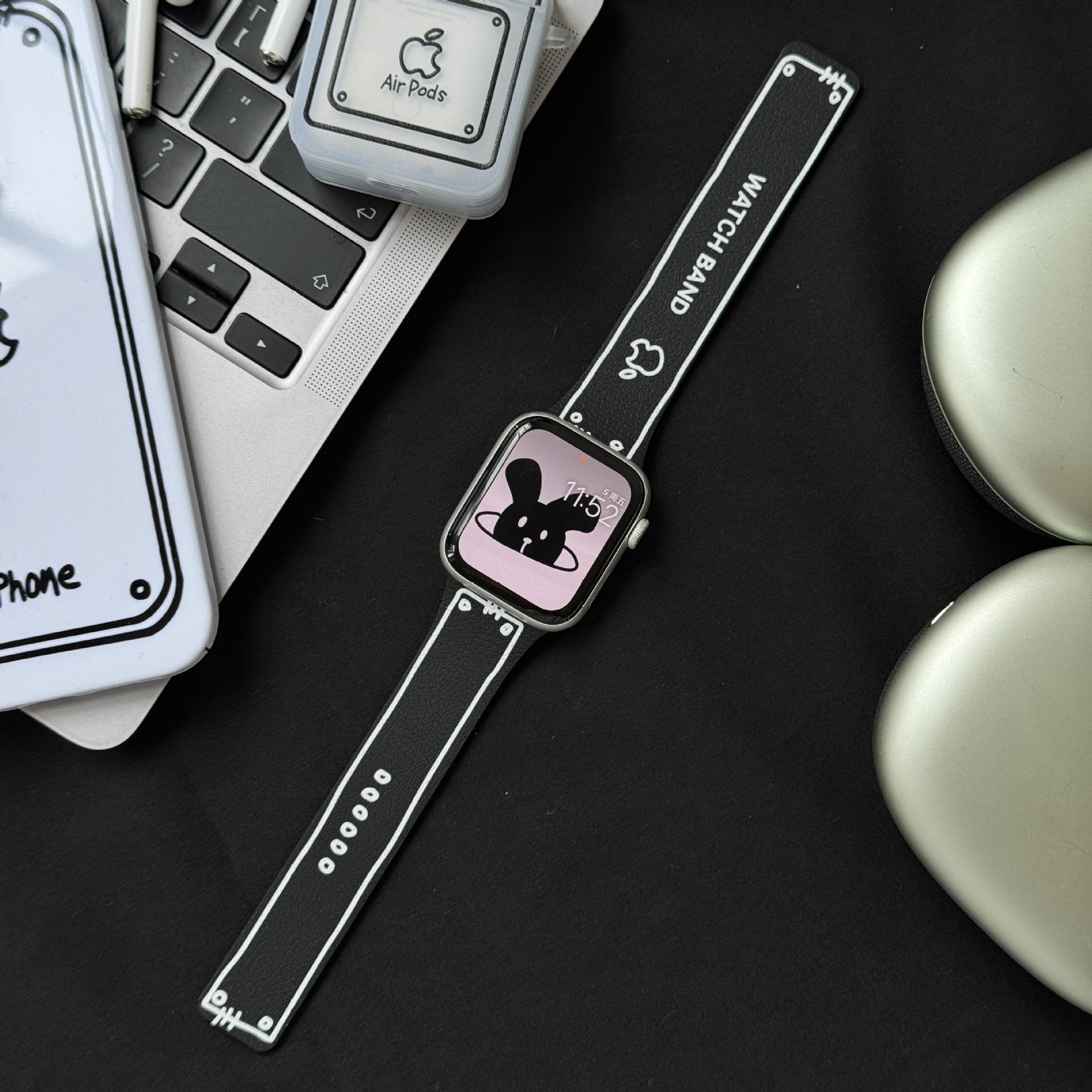 

Line Engraving Strap for Apple Watch Magnetic Band 41mm 49mm 42mm 46mm 45mm 44mm 38mm Silicone Strap for iWatch Series11 10 9 8 7 6 SE Ultra 3 38mm 40mm 41mm &A чёрный