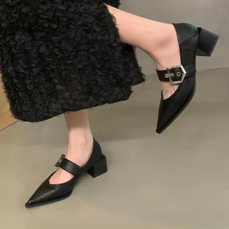 

2025 Женские туфли на толстом каблуке Осень Новые Остроносые С мелким вырезом Металлическая пряжка Противоскользящие Износостойкие Туфли с низким верхом 35 чёрный