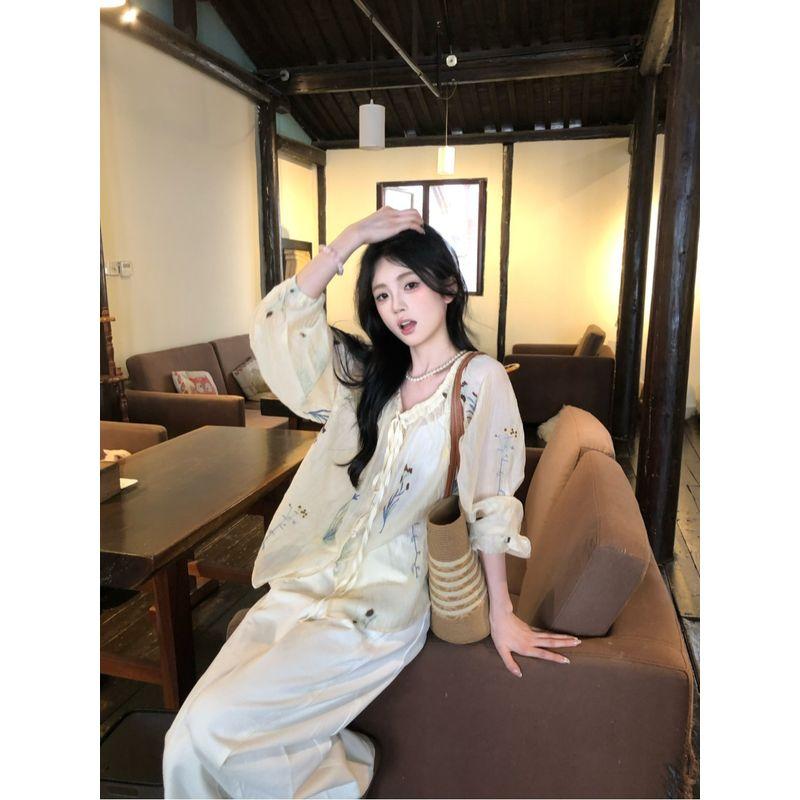 Kumikumi Sweet Style Print Tied Long Sleeves Shirt Women's Autumn New Arrival Niche Loose Slimming Thin Tops