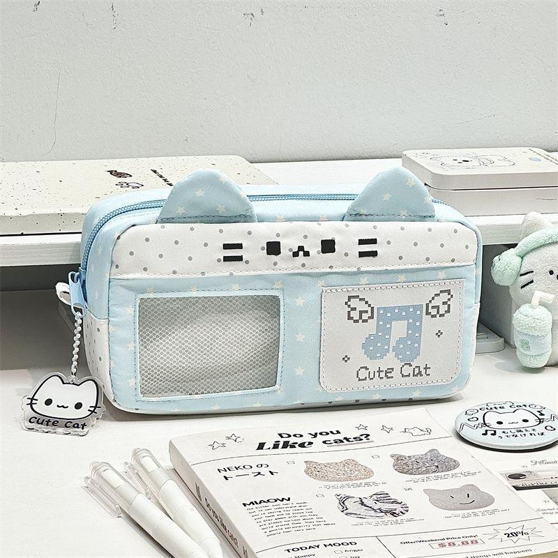 Pencil Case Adorable Cat Ear Design Large Capacity Pixel Music Themed Portable Stationery Organizer for Kids Daily Use