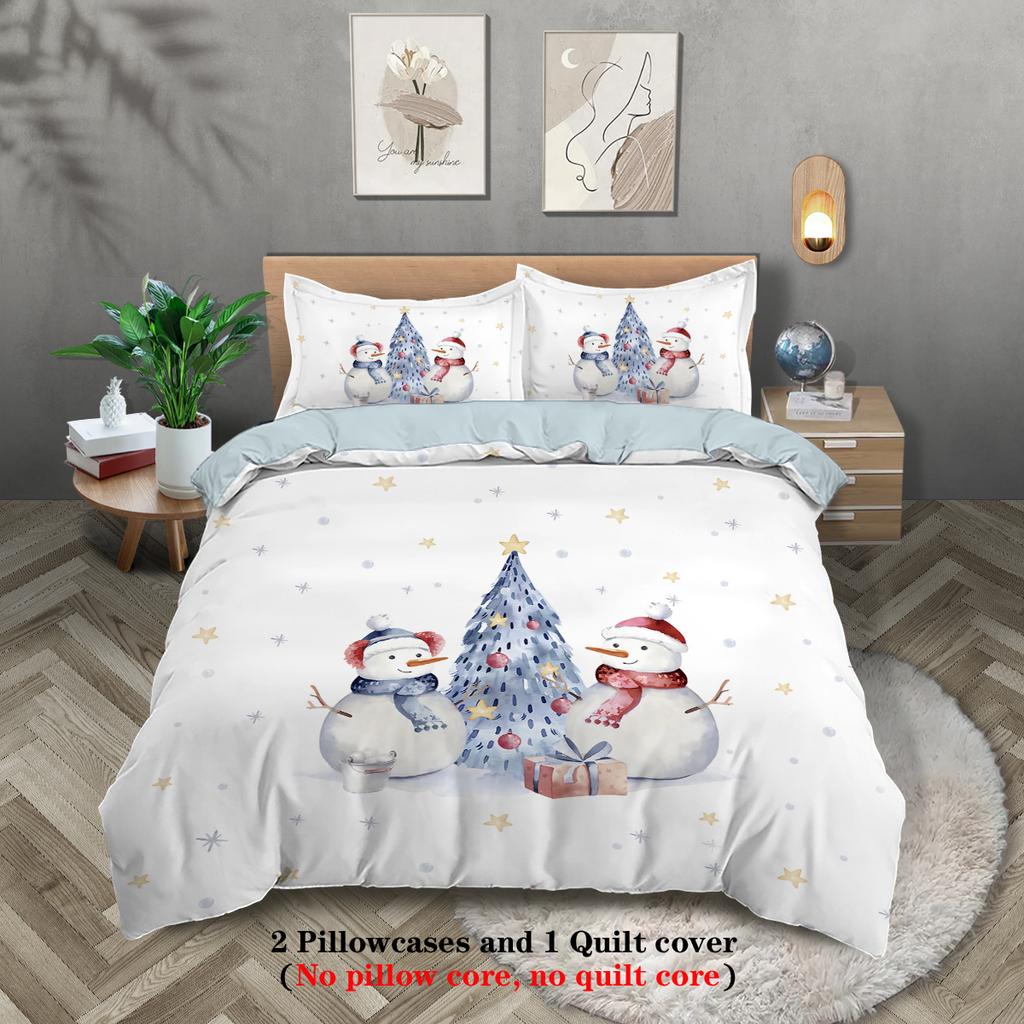 3pcs Merry Christmas Snowman Themed Bedding Set, 1*duvet Cover+2*pillowcase, for Teenagers and Adults Bedroom, Christmas Gift