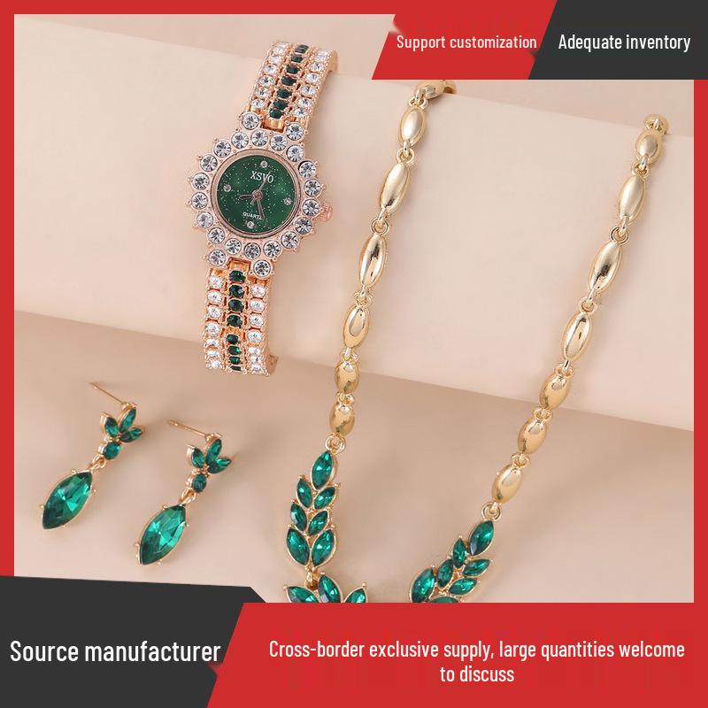

Emerald Rhinestone Watch & Starry Sky Dial with Earrings & Necklace Set (3 Pieces)