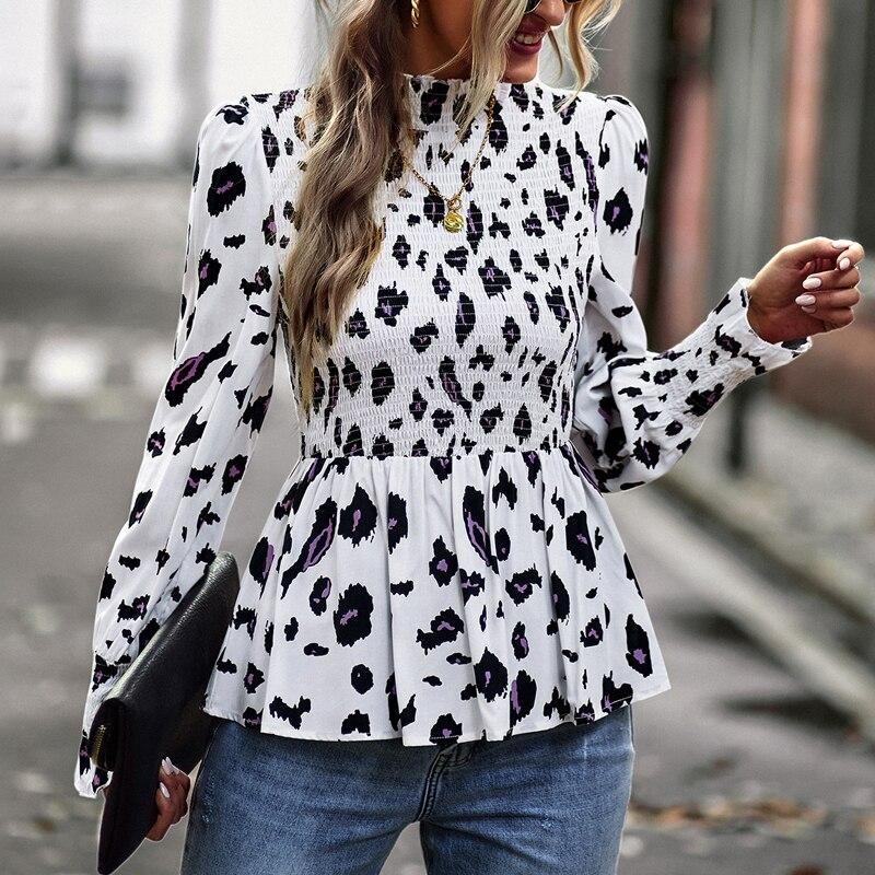 Temperamentní košile s dlouhým rukávem Móda Úzký pas Topy s výstřihem do O Jaro Podzim Dámské Oblečení Elegantní halenka s květinovým potiskem 24779