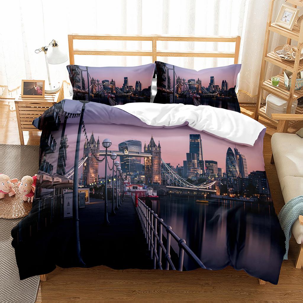 Cityscapes King Queen Duvet Cover Tall Buildings Landscape Bedding Set Busy Traffic View Quilt Cover Polyester Comforter Cover