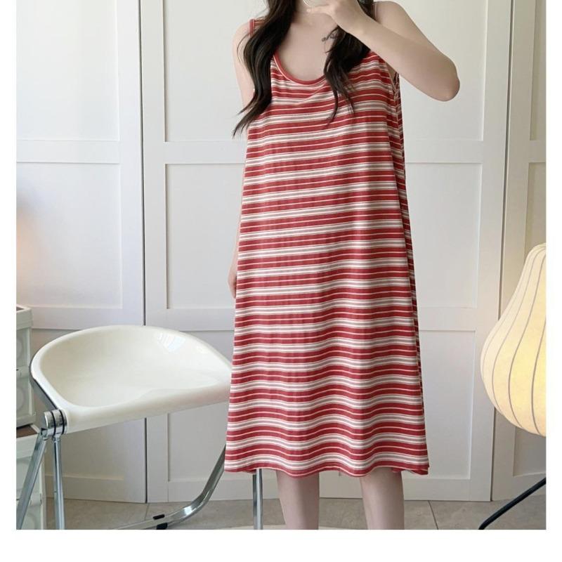 Plus Size Striped Vest Nightdress Women Summer Sleeveless Loungewear Ins Trend Loose Long Dress Pajamas Homewear