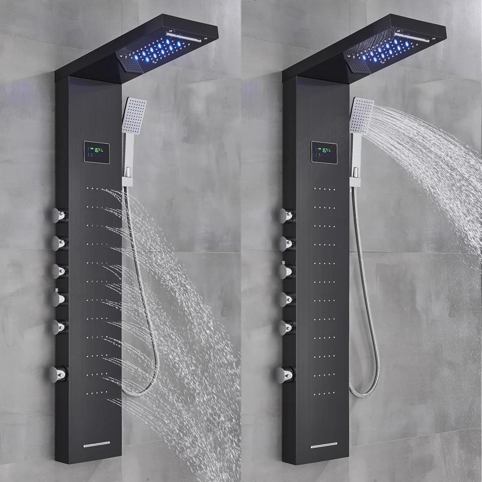 Grifo de Ducha de Lluvia con Pantalla Digital para Baño SPA Masajeador Jets Panel de Ducha Negro con Alcachofa Manual Bidet Aspersor Grifo