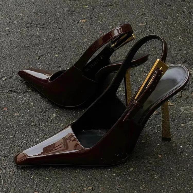 New Black High Heels Small Square Head Bag Head Back Empty Fashion Sexy Single Shoes Patent Leather Premium Sandals